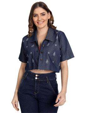 embroidered crop top with button-down detail