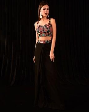 embroidered crop top with skirt & cape