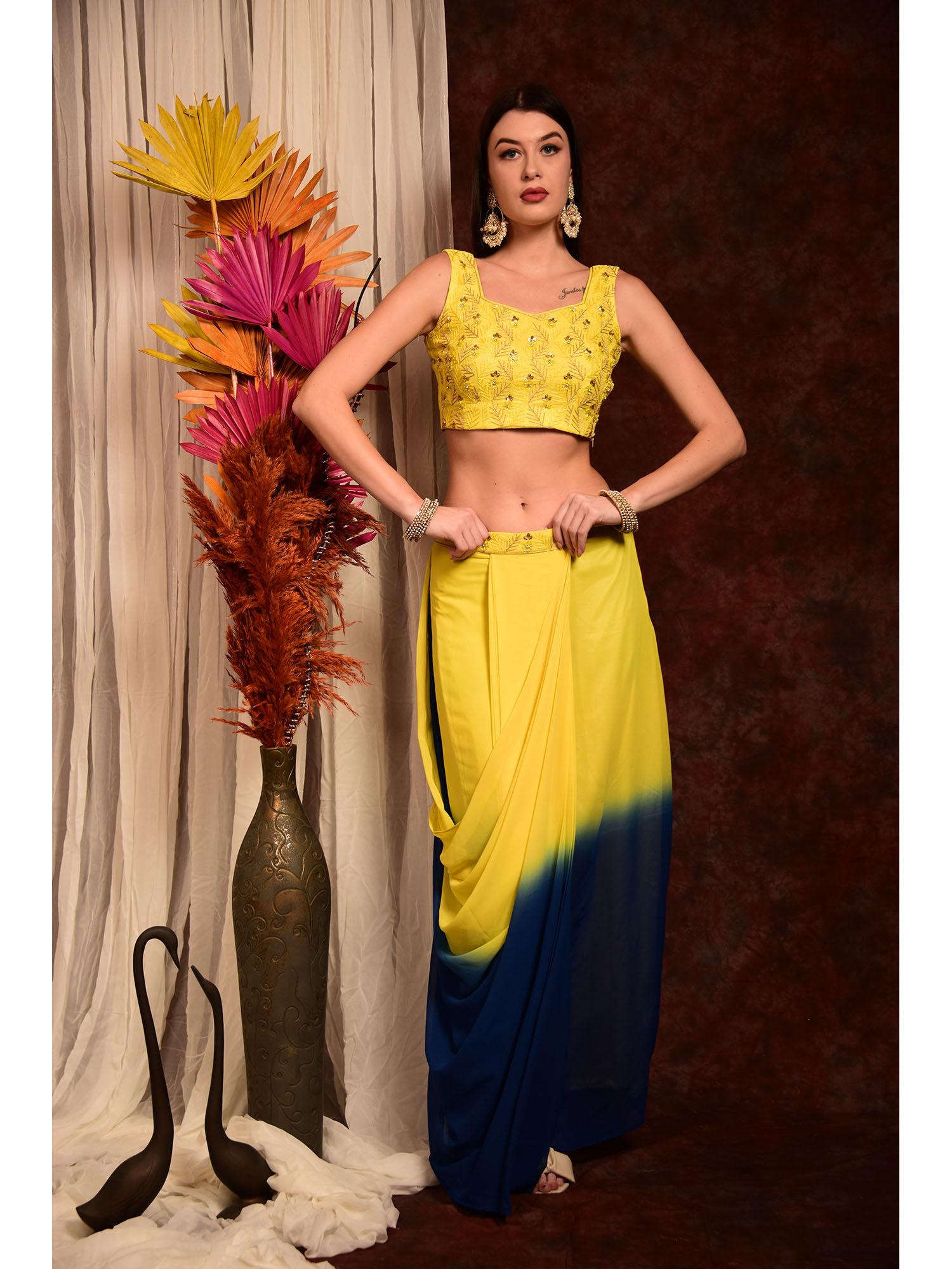 embroidered crop-top with yellow ombre dhoti skirt (set of 3)