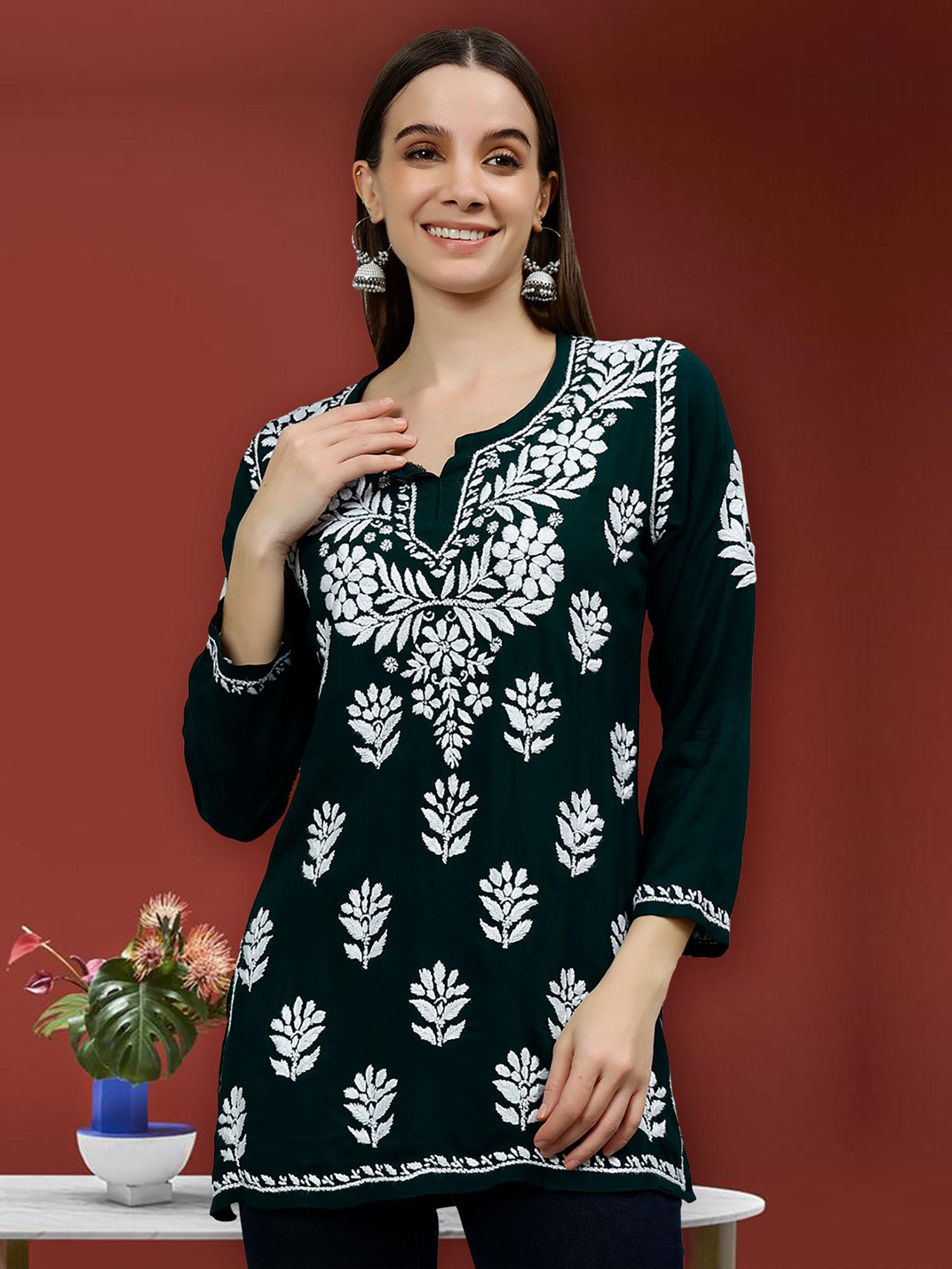 embroidered dark green modal lucknowi chikankari kurti with slip (set of 2)