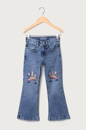 embroidered denim bootcut fit girls jeans - mid stone