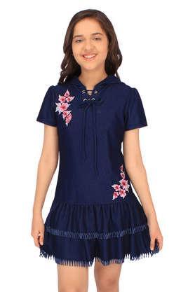 embroidered denim regular fit girls clothing set - navy