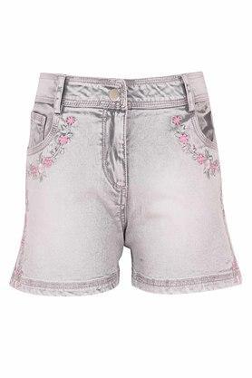 embroidered denim regular fit girls shorts - grey