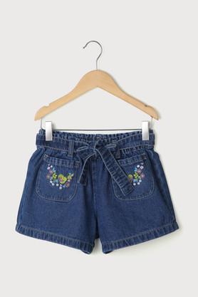 embroidered denim regular fit girls shorts - mid stone