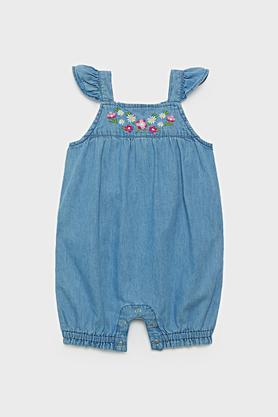 embroidered denim regular fit infant girls rompers - mid stone