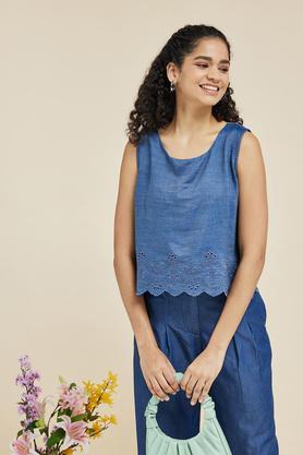 embroidered denim round neck women's casual wear tunic - indigo