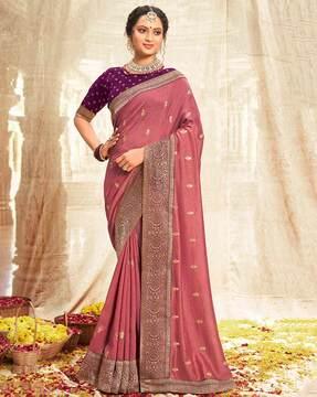 embroidered design lace work vichitra silk embroidery saree solid saree