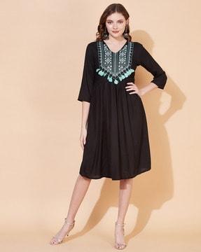 embroidered fit & flare dress with tassels