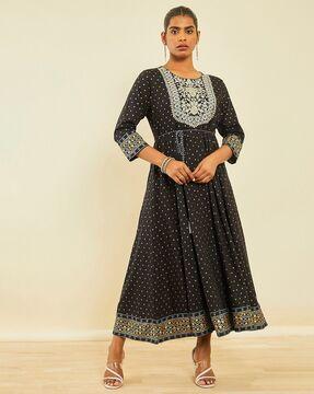 embroidered fit & flare dress with waist tie-up