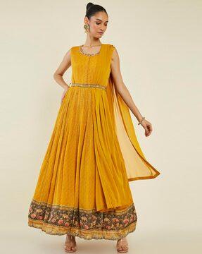 embroidered fit & flare kurta with pants & dupatta