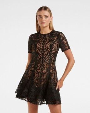 embroidered fit & flare lace dress