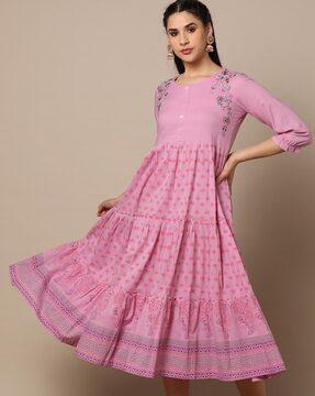 embroidered flared dress with block print