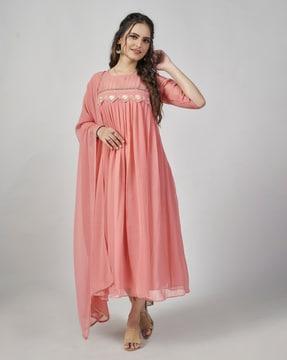 embroidered flared kurta & dupatta set