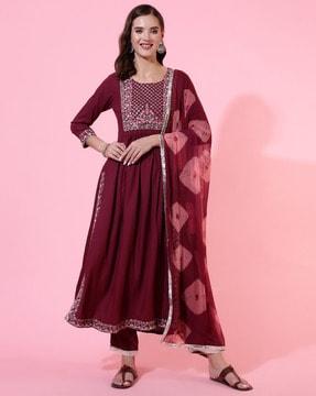 embroidered flared kurta & pants with dupatta set