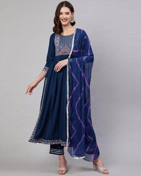 embroidered flared kurta & pants with dupatta set