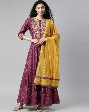 embroidered flared kurta set with dupatta