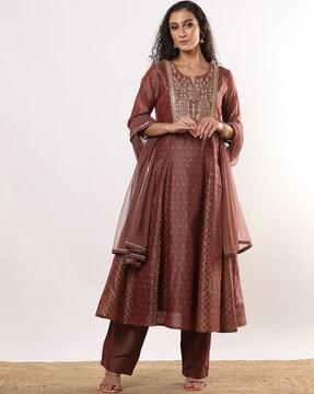 embroidered flared kurta set with dupatta