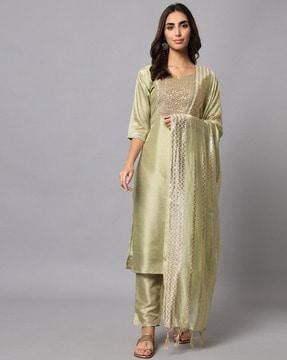 embroidered flared kurta set with dupatta