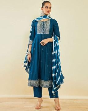 embroidered flared kurta set with dupatta