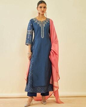 embroidered flared kurta set with dupatta