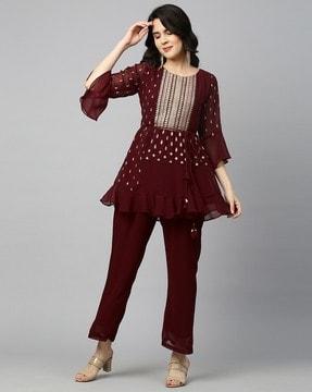 embroidered flared kurta set