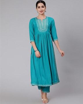 embroidered flared kurta set