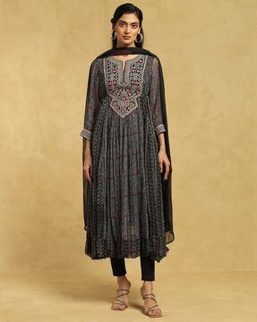 embroidered flared kurta suit set