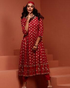 embroidered flared kurta with pants & dupatta