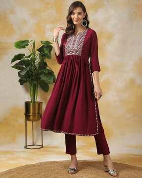 embroidered flared kurta with pants