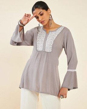 embroidered flared tunic with bell sleeves