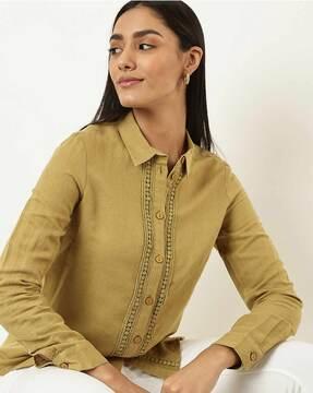 embroidered flax mix regular fit collar shirt