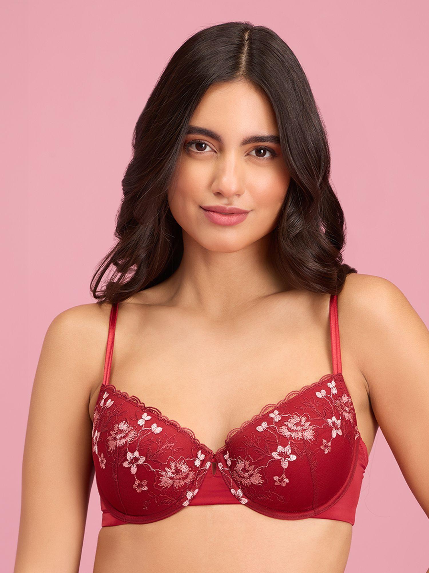 embroidered floral lace demi bra-nyb294-maroon