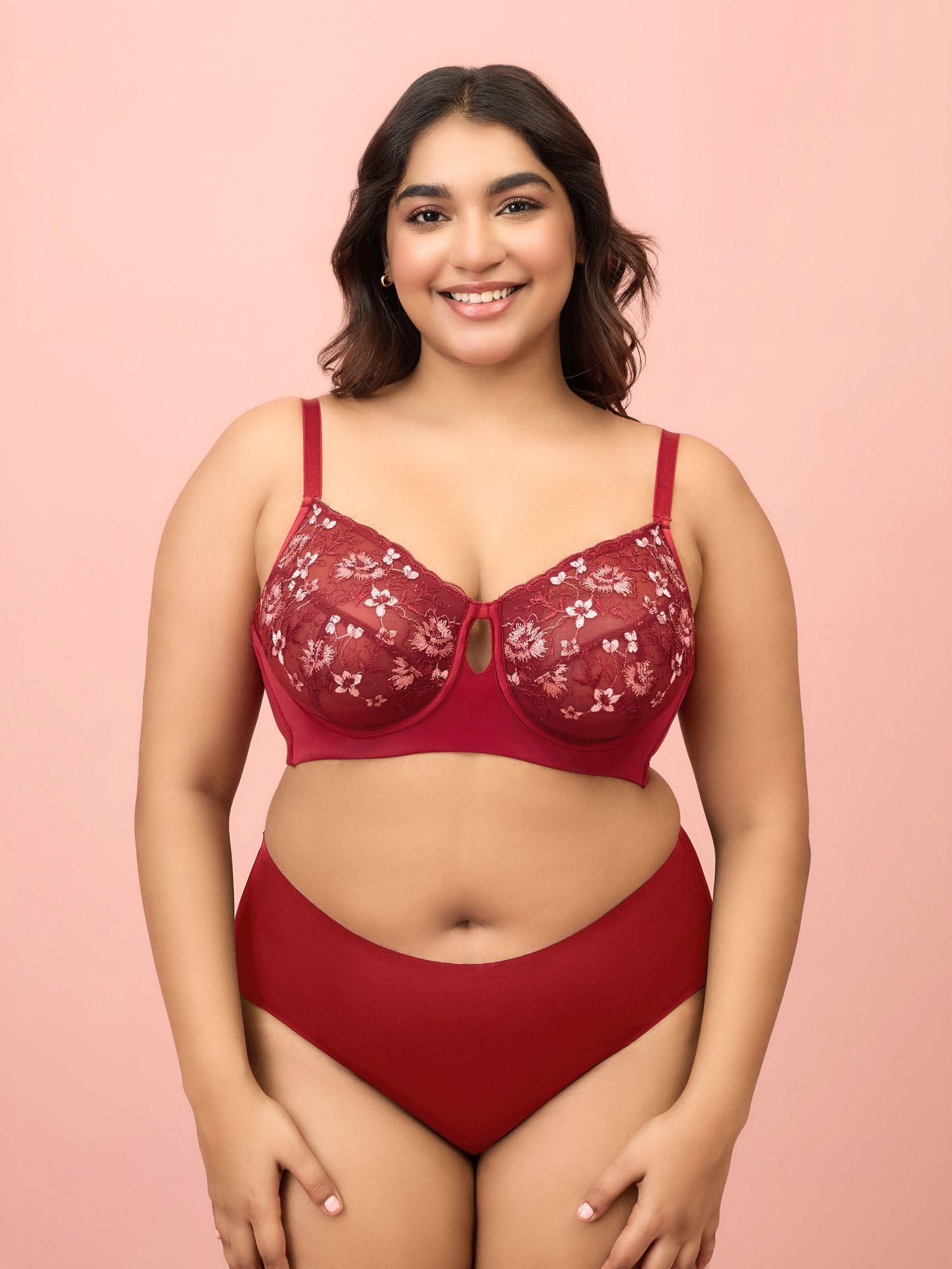 embroidered floral lace wired bra-nyb292-maroon