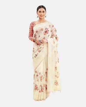 embroidered floral print saree with tassels