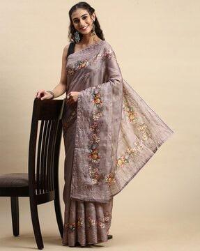 embroidered floral print tussar silk saree