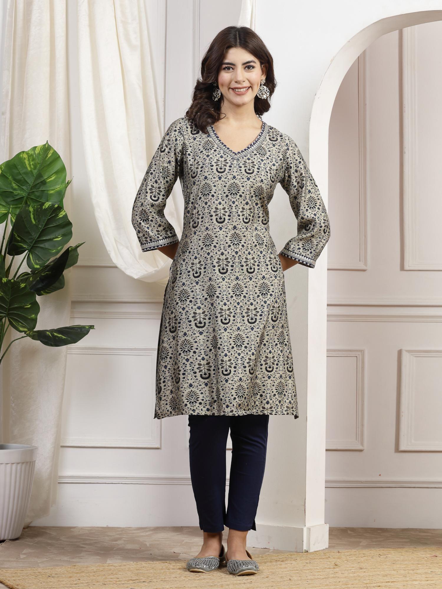 embroidered foil printed kurta