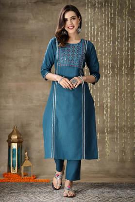 embroidered full length cotton women's kurta set - blue