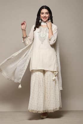 embroidered full length cotton woven women's kurta set - off_white