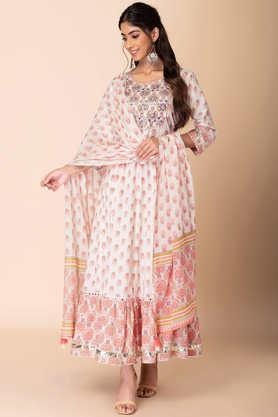 embroidered full length cotton woven women's salwar kurta dupatta set - white