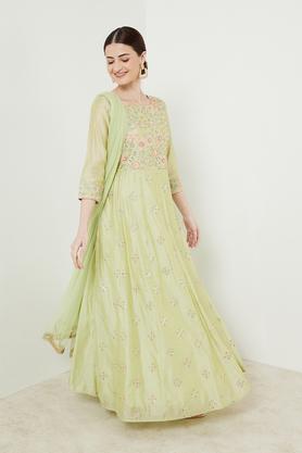 embroidered full length viscose blend woven women's kurta dupatta set - green