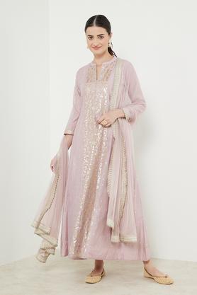 embroidered full length viscose blend woven women's kurta dupatta set - lilac