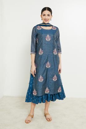 embroidered full length viscose blend woven women's kurta dupatta set - navy