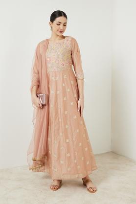 embroidered full length viscose blend woven women's kurta dupatta set - rust