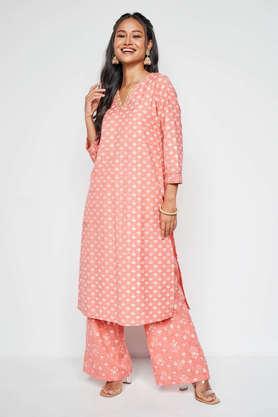 embroidered full length viscose woven women's set of 2 - coral