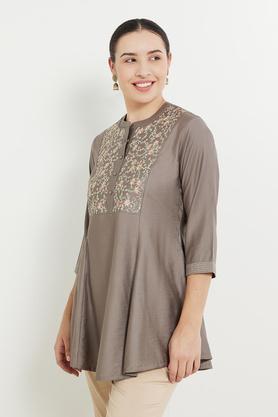 embroidered gadwal mandarin women's tunic - grey