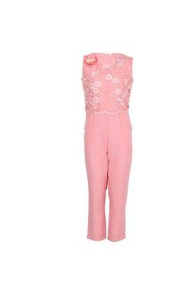 embroidered georgette and net round neck girls party jumpsuit - pink