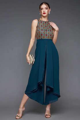 embroidered georgette boat neck women's jumpsuit - green