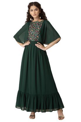 embroidered georgette boat neck womens longline tunic - green