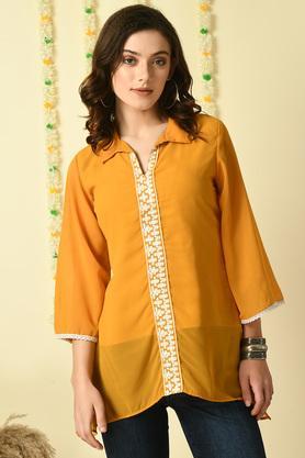 embroidered georgette collared women's top - mustard