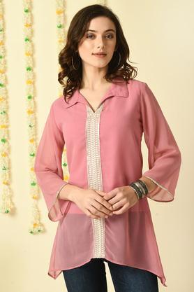 embroidered georgette collared women's top - pink